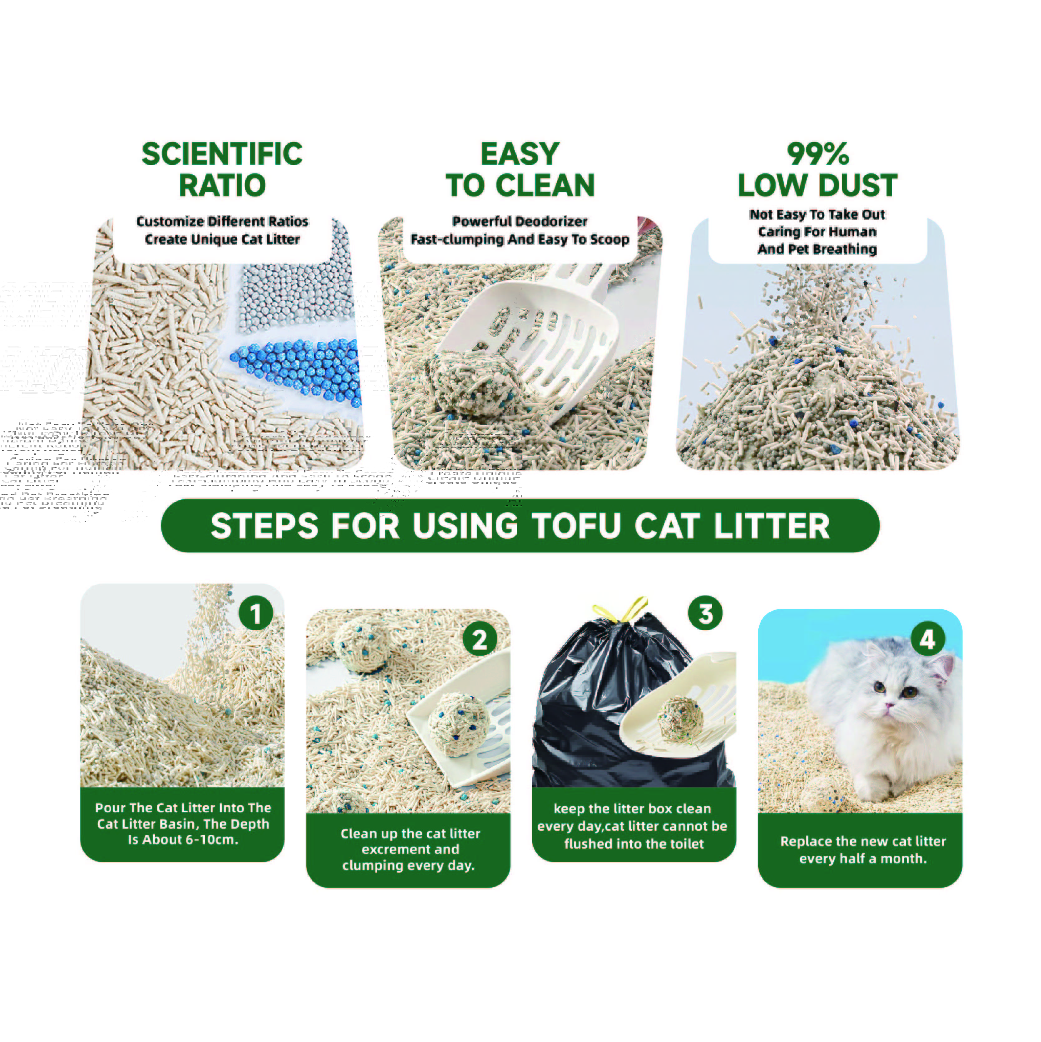 Natural Pure Plant Low Dust Super Clumping Non Stick Bottom Striped Shaped Tofu Bentonite Mixed Cat Litter