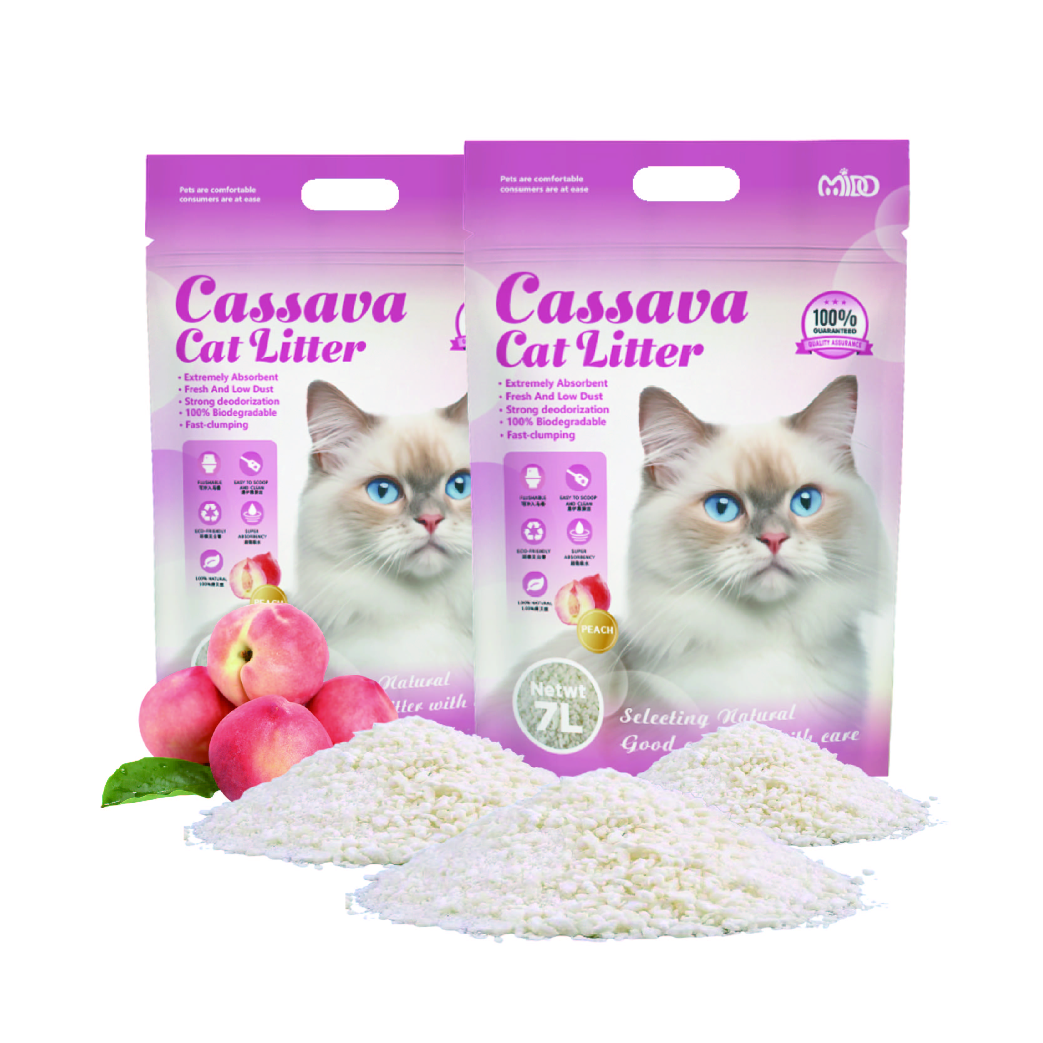 Eco-Friendly Highly Absorbent Odor Control Biodegradable Premium Peach flavor Cassava Cat Litter