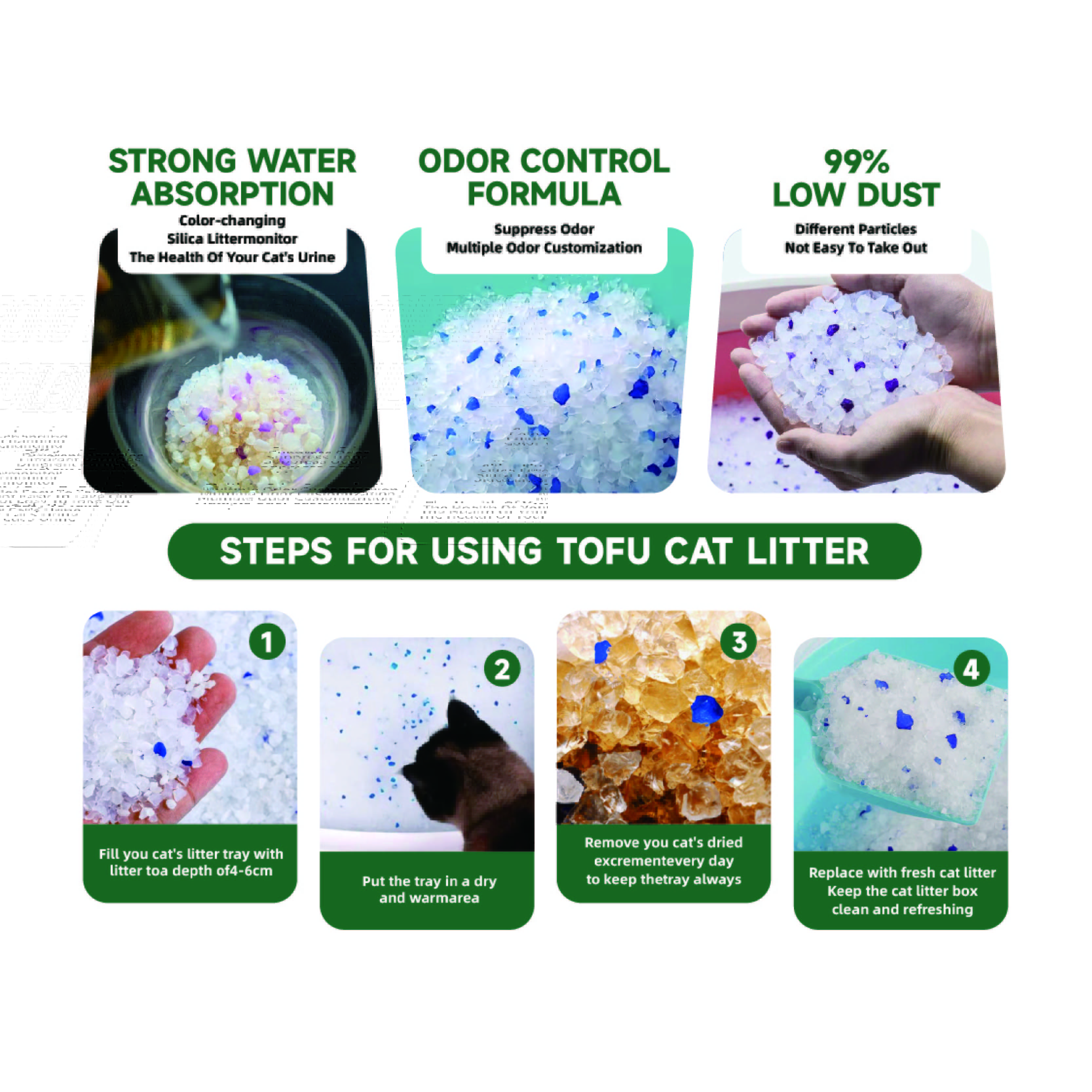 No Clumping Strong Odor Control Super Water Absorption Silica Gel Cat Litter 100% Water Absorption Crystal Cat Litter