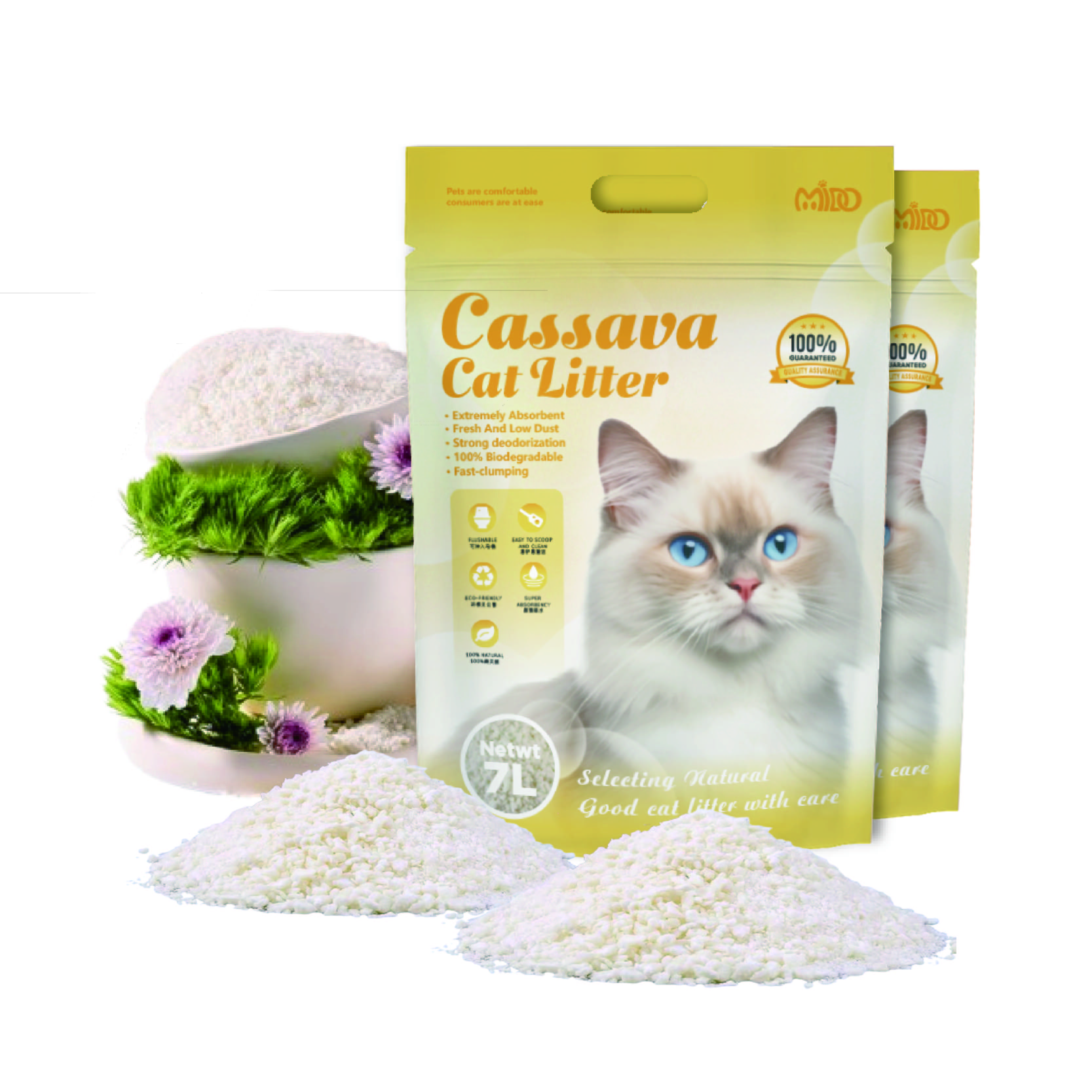Adequate Stock Biodegradable Wholesale Easy To Clean Eco-Friendly Highly Absorbent Cassava Cat Litter