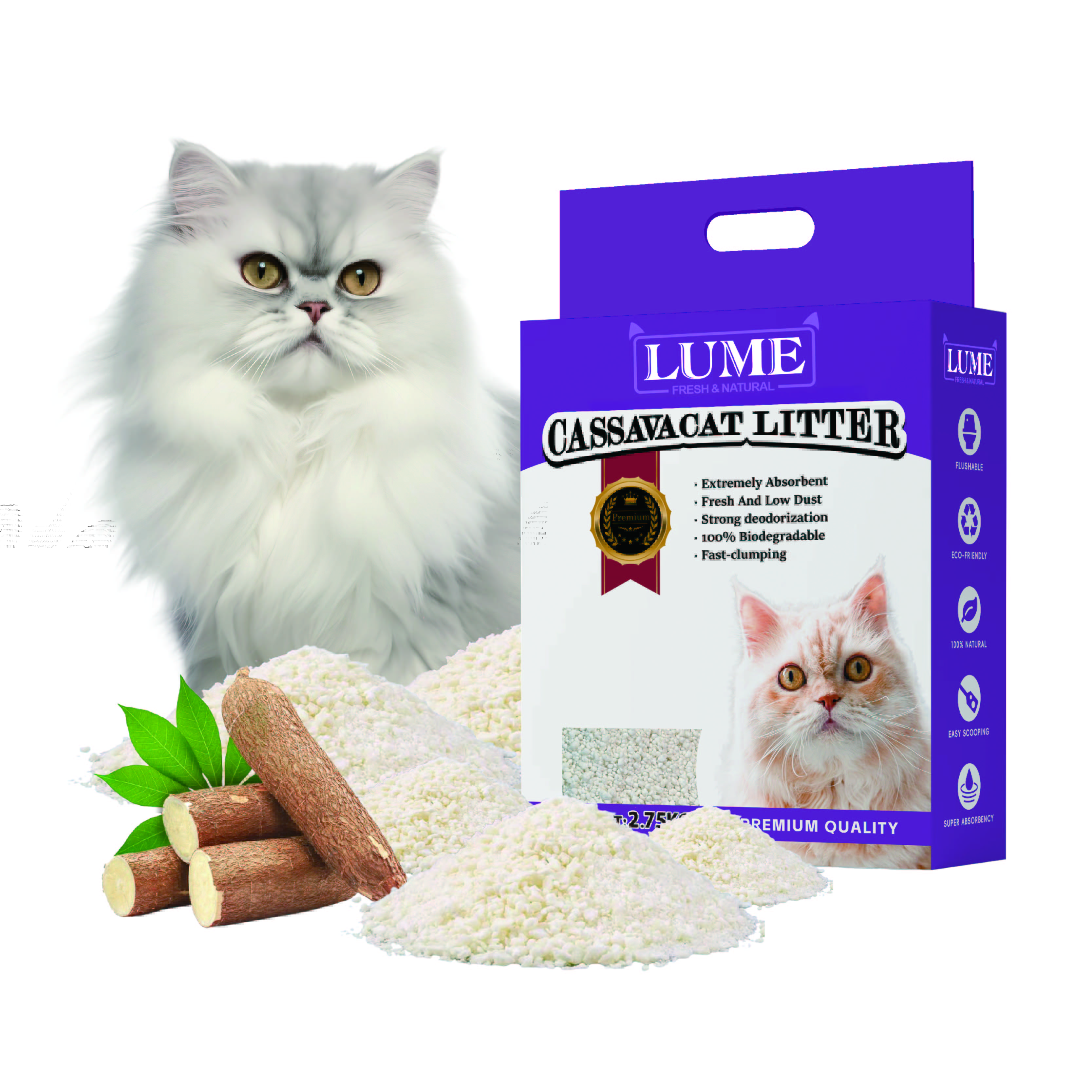 Eco-Friendly Natural Ingredients Ultra-Absorbent Dust-Free And Highly Clumping Tapioca Cat Litter